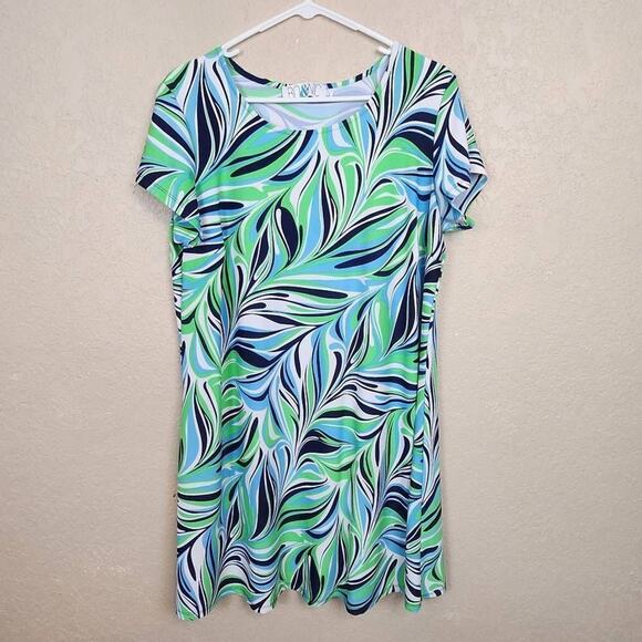 Bo & Nic Green and Blue Retro Print Shift Dress Large (4355) - Picture 2 of 5